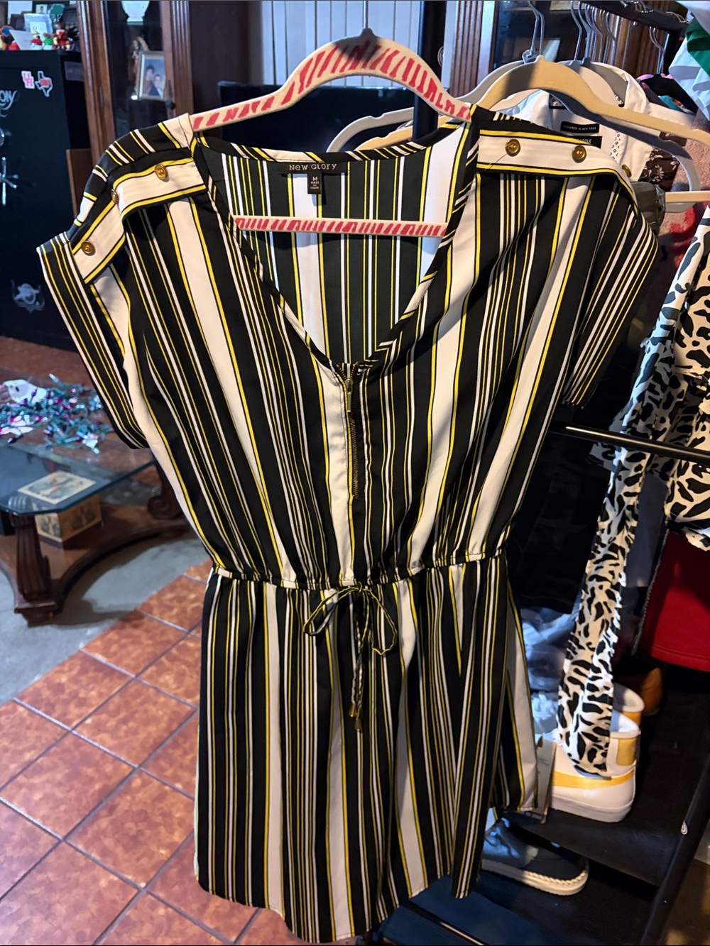 Striped Drawstring Mini Dress in Black, White & Yellow by New Glory